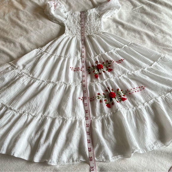 Boho Floral Embroidered Smocked Tiered Midi Dress Mexican Peasant Cottagecore - Picture 10 of 15